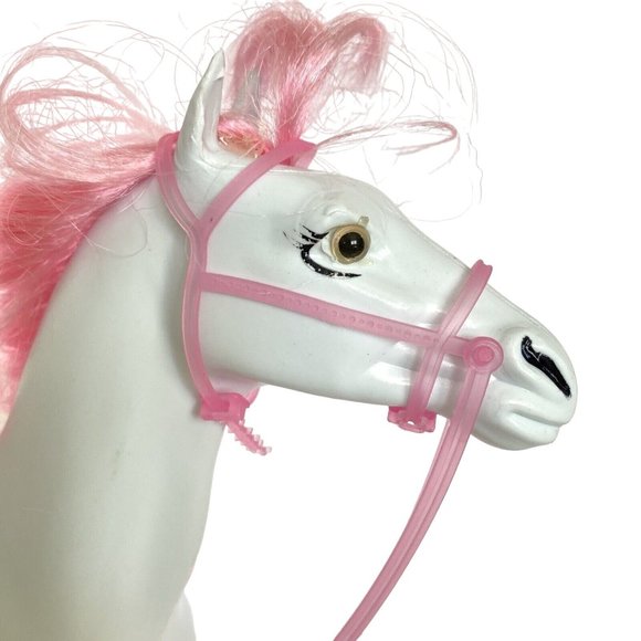 White Blow Mold Horse With Pink Hair Hooves Saddle Bridle 11in Tall - Picture 5 of 16
